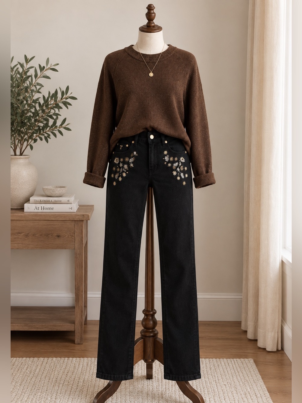 Tristan Black Embroidered Embellished Pants Gold Floral Y2K Style Size 1
